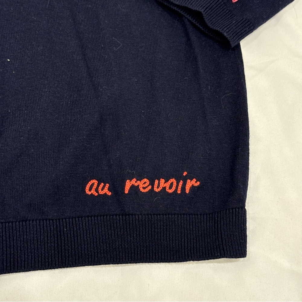 Talbots Plus Size 1X Navy Cardigan Embroidered French Phrases Bonjour Voila - Picture 5 of 8